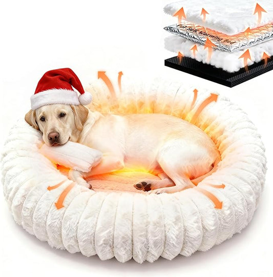 Self Warming Pet Bed, Donut Dog Bed for Large Dogs - Pet Bed with Removable Cover, Self-Heating Winter Pet Beds for Medium & Big Dogs, Egg Tart Design (L)