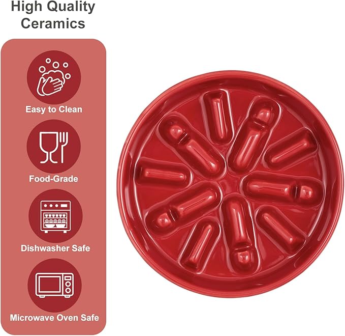 Ceramic Maze Dog Slow Feeder with Non-Slip Silicone Rim (& Bamboo Stand) – Heavy-Duty Stoneware Bowl with Puzzle Pattern for Bloating & Obesity Prevention (Raised-Red-S)