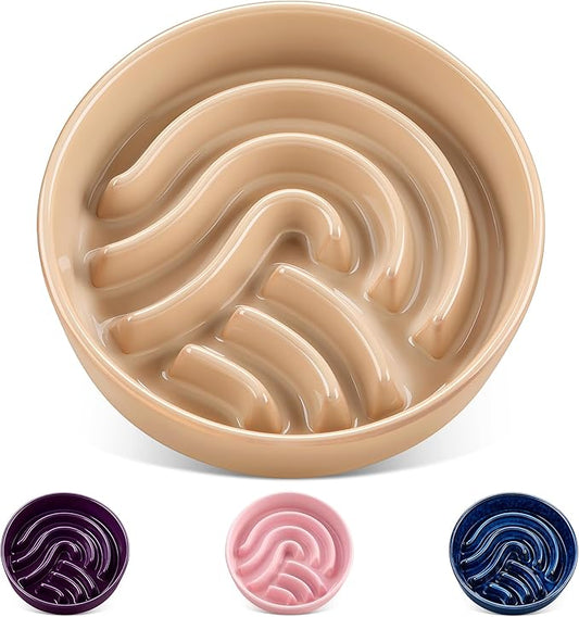 vancasso Slow Feeder Dog Bowl, 1.5 Cup Ceramic Slow Feeding Food Dish for Small and Medium Breed, Puzzle Dog Food Bowl for Fast Eater, Brown