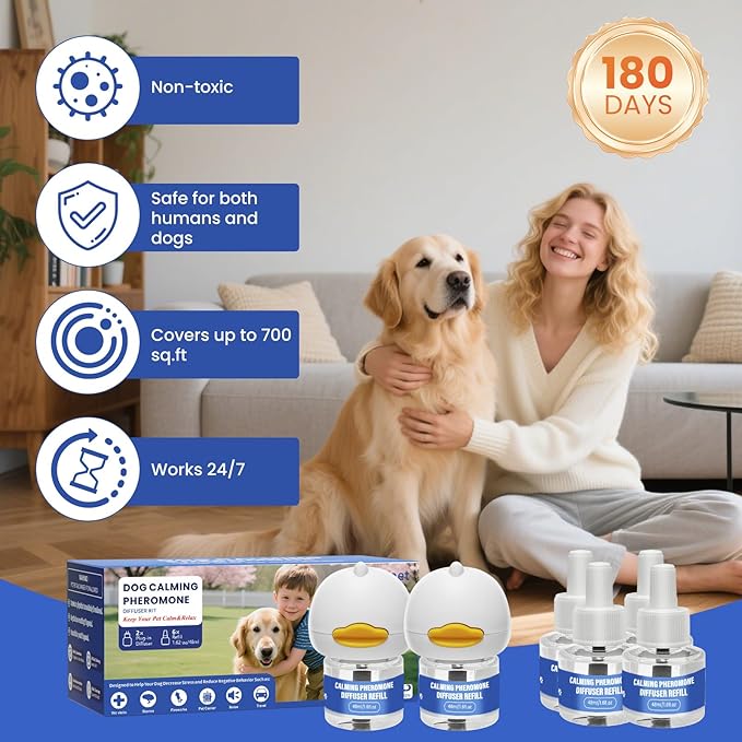 8 Pack Dog Calming Pheromones Diffuser Kit - 2 Plug-ins + 6 Refills (48mL Each) - 180 Day Supply for Anxiety, Aggression, Barking & Stress Relief in Dogs