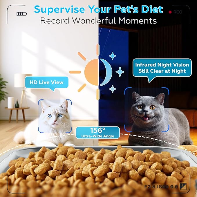 TYM Automatic Cat Feeder with Camera, 5G WiFi Timed Automatic Dog Feeder with APP Control, 7L Remote Feeding Auto Cat Food Dispenser, Reliable, Easy Cleaning, Keeps Food Fresh