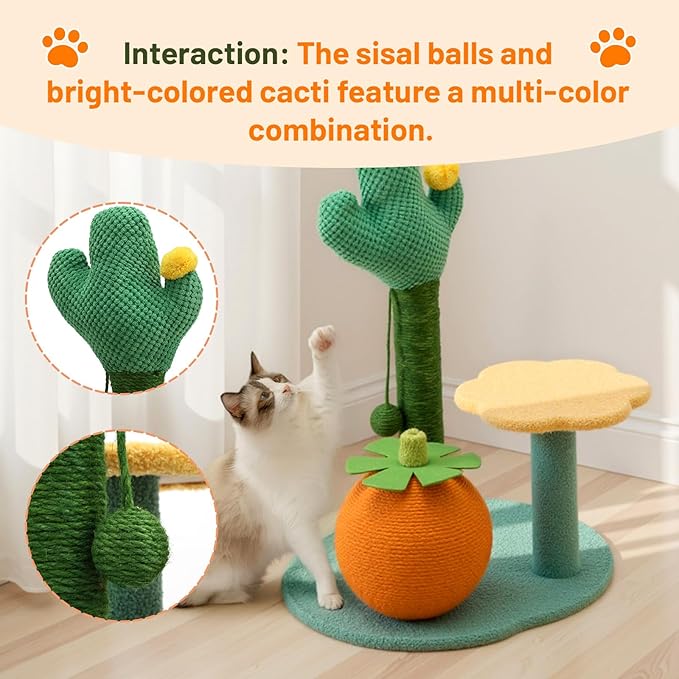 Sisal Scratching Post for Cat Kitten Small Cat Scratcher with Sugar Ball，Interactive Toy,Hanging Ball,Wooden 2 Level Track