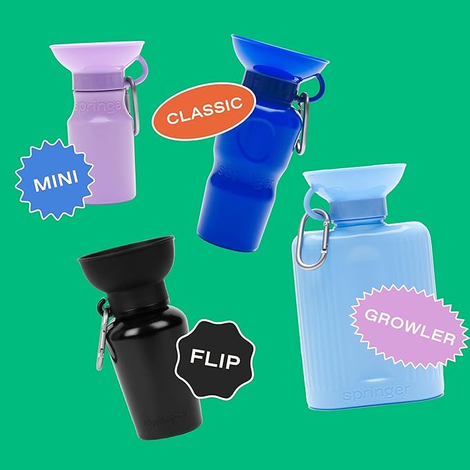 Springer by Springland Flip Portable Dog Water Bottle with Foldable Food Grade Silicone Bowl - 20 Ounce Travel Dog Water Bottle Ideal for Camping - Easy Squeeze Hydration & Release to Drain
