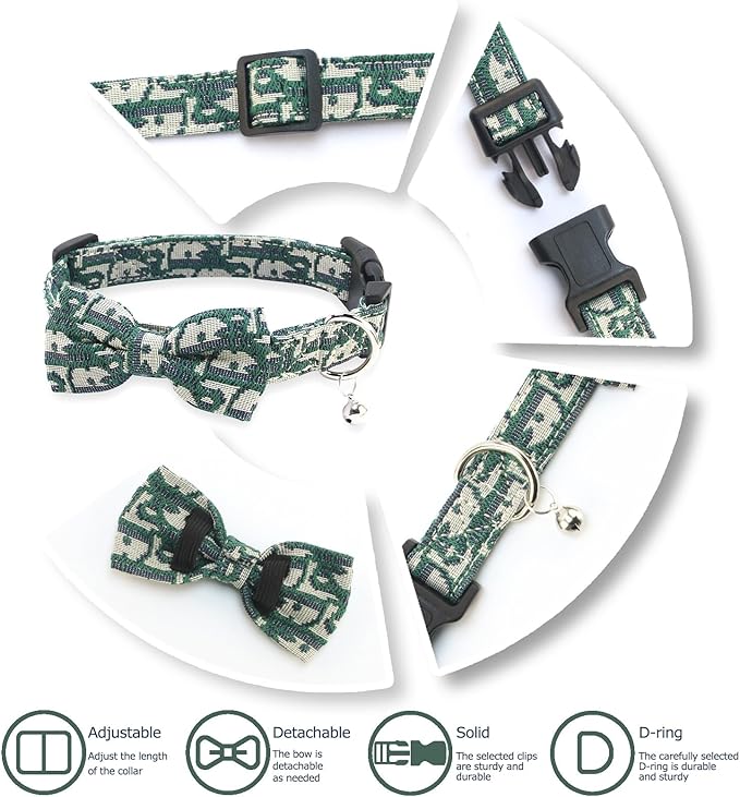 Bowtie Collars for Small Dogs, Elegant Puppy Collars, Tiny Dog Collars with Bowtie Adjustable 9.8"-13.8", Green, S