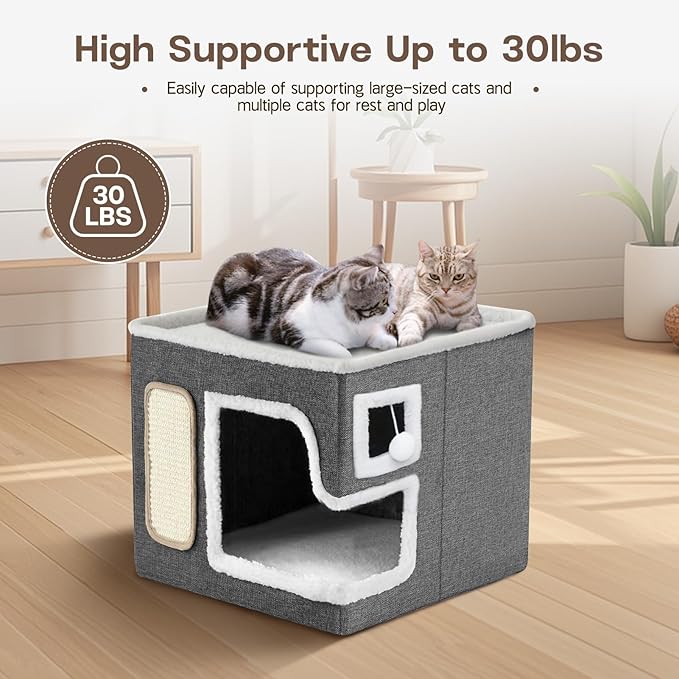 Cat Houses for Indoor Cats - Large Cat Bed Cave with Fluffy Ball and Scratch Pad, Foldable Cat Condo Hideaway for Multi Small Kitten & Pet, Grey