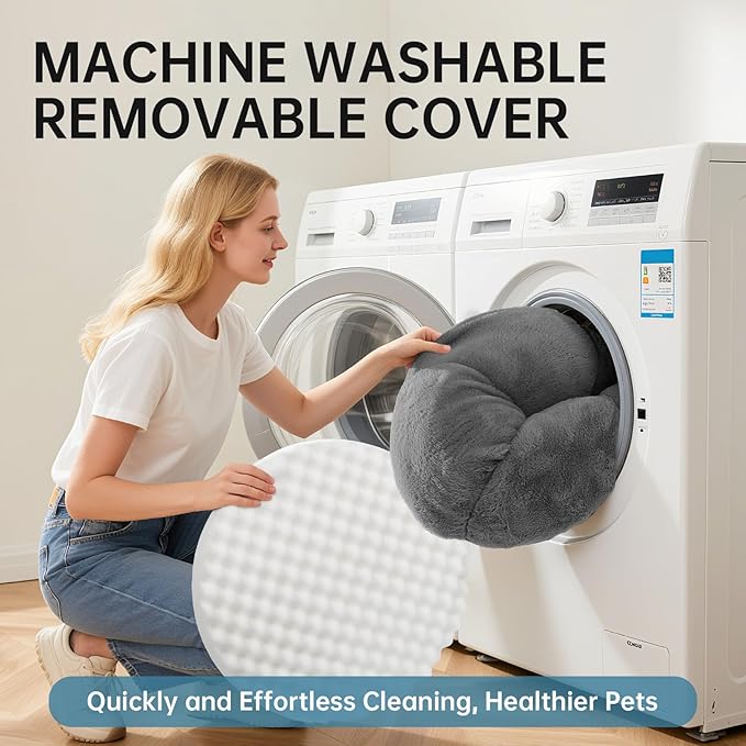 OhGeni 36 inches Calming Donut Orthopedic Dog & Cat Bed for Large Pets, Warming Comfort Fluffy Short Pile Fur, Durable Waterproof Machine Washable Removable Cover, Round Bed for Puppy, Dark Gray