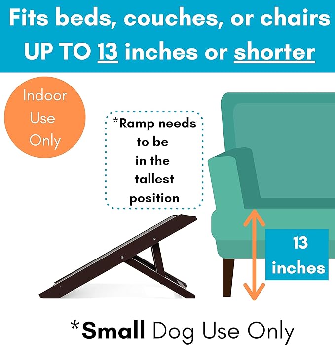 BIRDROCK Home Adjustable Pet Ramp for Small Dogs, Cats, Puppies - Foldable Wooden Dog Ramp for Couch, Bed, Car - Indoor or Outdoor- Safe, Portable, Non-Slip Carpet - 13", Espresso