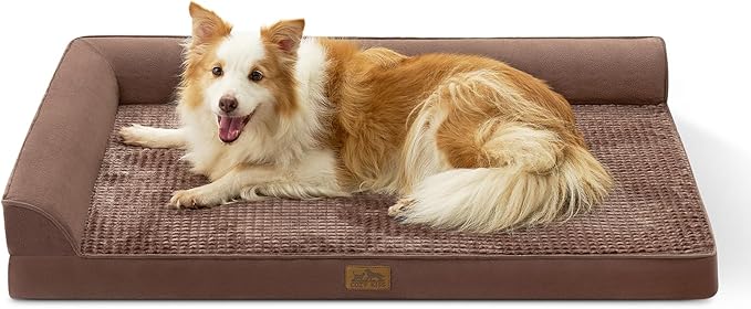 Orthopedic Dog Bed for Large Size Dog, XL Dogs Crate Bed, L Shaped Foam Anti-Slip Bottom Pet Cat Sofa with Washable Removable Cover, Suitable for Pet Up to 100 lbs, 44x32x7 inch, Brown