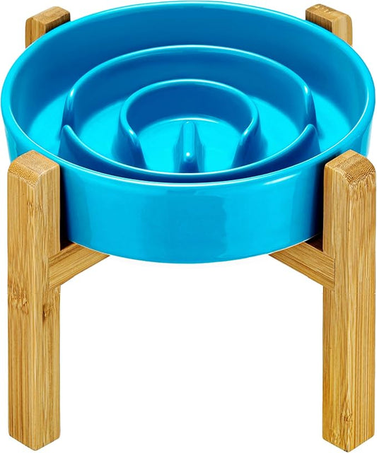 Ceramic Slow Feeder Dog Bowls Elevated, 2.0 Cups Slow Feeder for Medium and Large Dogs, Puzzle Maze Bowl to Slow Down Eating, 30oz, 8in, Blue