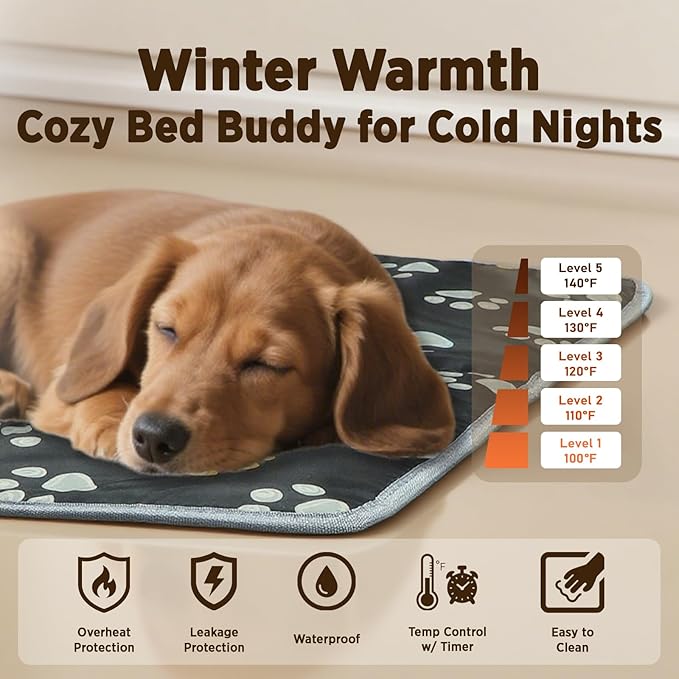 furrybaby Large Dog Heating Pad, Pet Heating Pad for Dogs Indoor, Waterproof Pet Heated Mat with Durable Anti-Bite Tube Indoor for Puppies Dogs Cats (1 Pack Black, 47 * 30 in, Temp Adjustable)