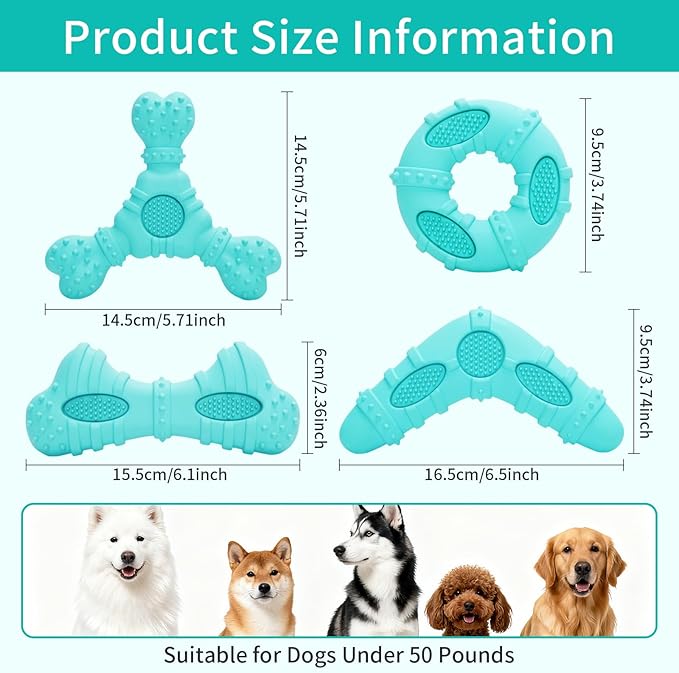 Dog Chew Toys for Aggressive Chewers, 4 Pack Natural Rubber Dog Toys,Teething Toys for Puppies, Soft Durable Interactive Chew Toy for Puppy Teeth Cleaning and Gum Massage(Blue)