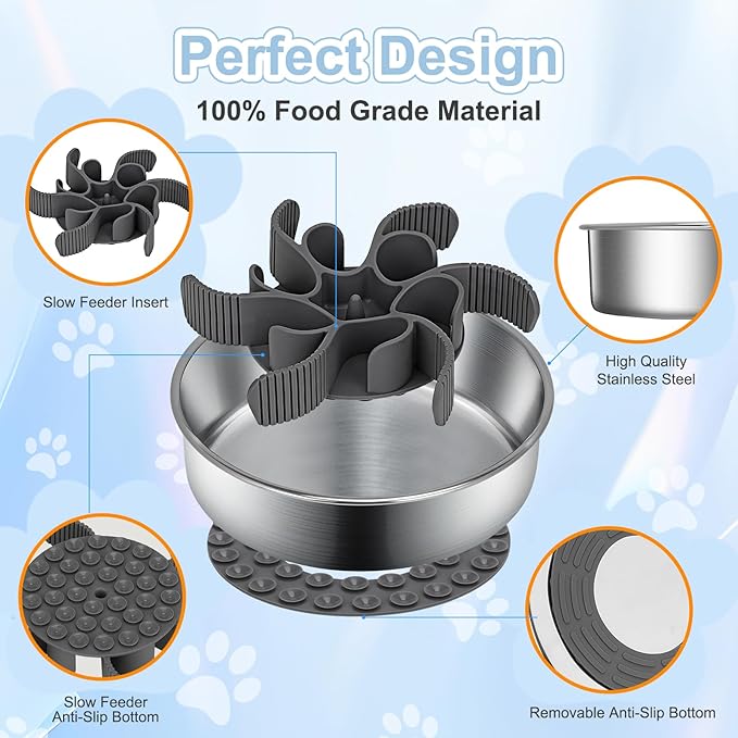 2-in-1 Slow Feeder Dog Bowls, Stainless Steel Pet Bowls with Silicone Feeder Insert, Removable Non-Slip Rubber Base for Dogs to Slow Down Eating (Medium Breed)