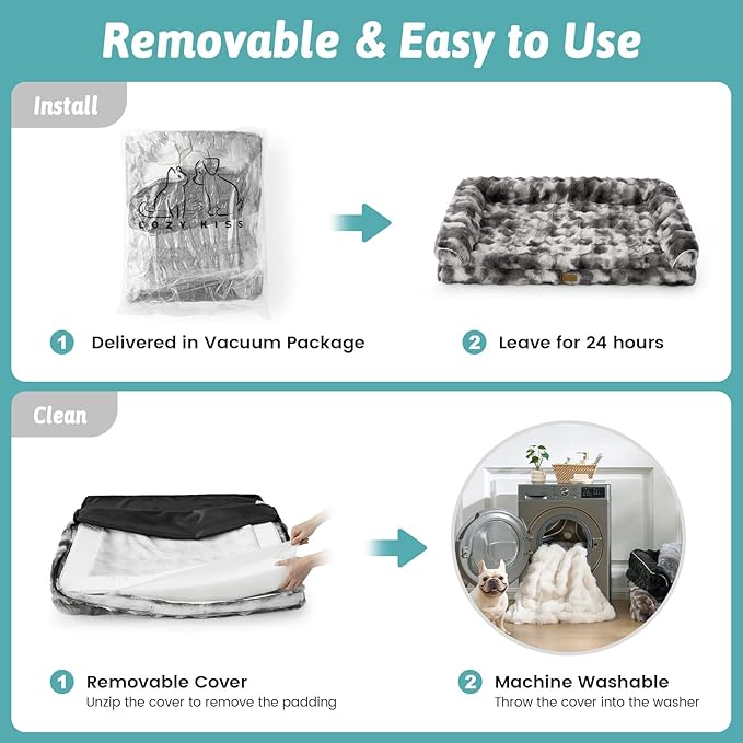 Faux Fur Orthopedic Dog Bed, Large Dog Bed, Supportive Foam Pet Sofa with Waterproof Lining Cover, Washable U-Shaped Pet Couch with Anti-Slip Bottom Design, Tie-dye Grey XL 42x30x7 inch