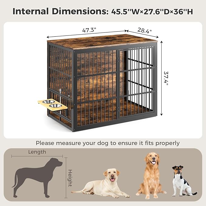 Lyromix 48'' XXL Dog Crate Furniture with Rotating Feeder, Large Wooden Crate End Table, Heavy Duty Indoor Kennel Cage for Medium to Large Dogs, Brown