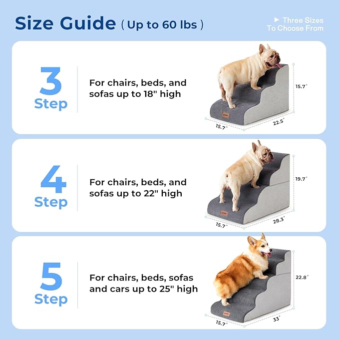 Dog Stairs Ramp for High Beds Up to 25" H - 5 Steps Pet Stairs for Couch, 35D Foam Dog Steps for Small to Large Dogs with Non-Slip Bottom Grey