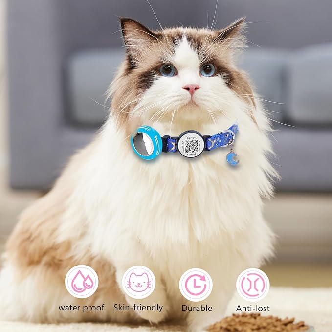 2PCS Breakaway Cat Collars with Bell & Moons Stars Design - Cute Adjustable Kitten Collars with Glow in The Dark Pendant & Waterproof AirTag Holder - Safe & Stylish for Cats(Pink&Blue)
