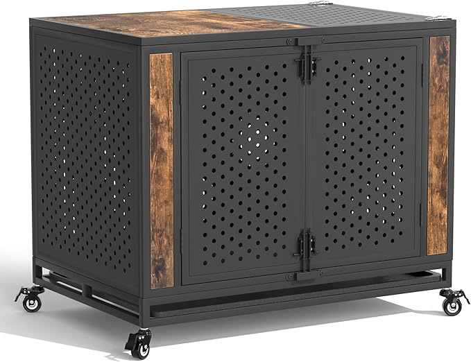 38" Heavy Duty Dog Crate Furniture for Medium and Large Dogs, Enclosed Design with 0.5 inch Holes, Indestructible Metal Kennel for High Anxiety Dogs, Chew Proof Indoor Pet House Cage, Brown