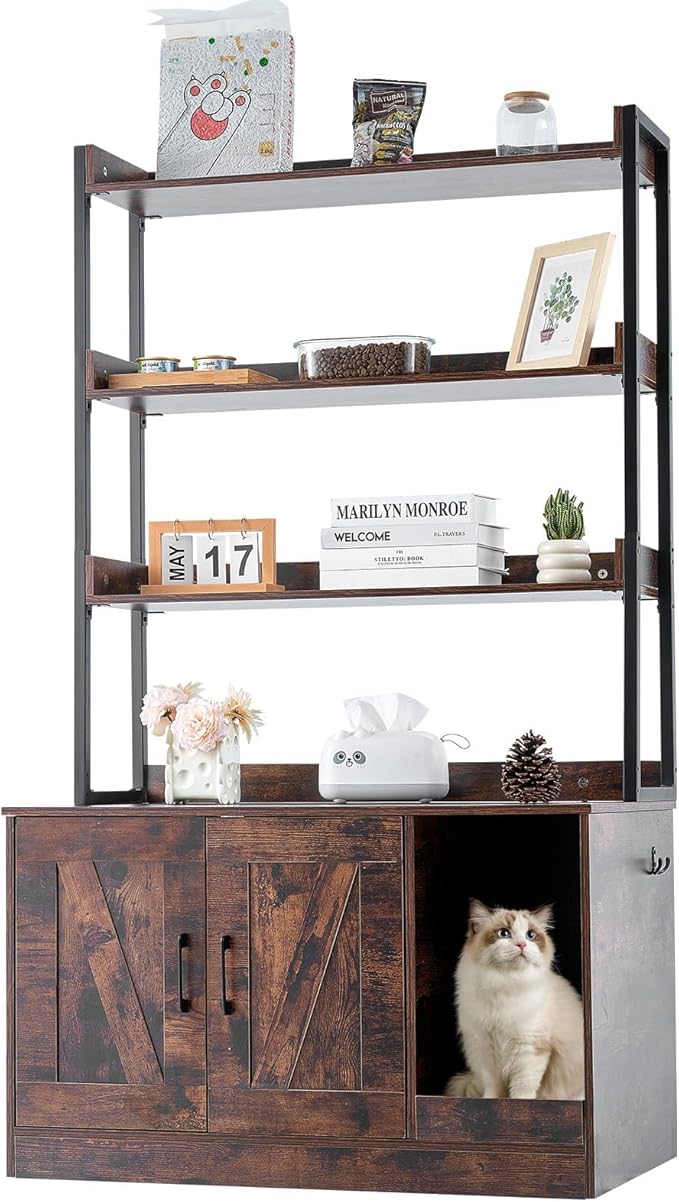 VEVOR Cat Litter Box Enclosure, Hidden Litter Box Furniture with 3 Storage Shelves, Wooden Cat Washroom Indoor, Large Cat House Cabinet Hidden Fit Most Litter Box, 33.5"L x 19.3"W x 58.7"H, Dark Brown