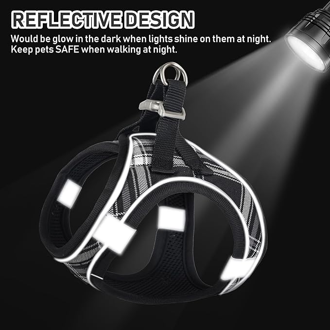GAMUDA Small Dog Harness Collar and Leash Set, Step in No Chock No Pull Soft Mesh Adjustable Dog Vest Harnesses Plaid Reflective for Dogs Puppy Cats Kitten Rabbit (Black, XXXS)