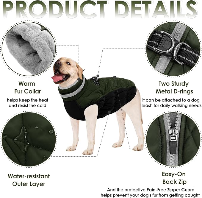 AOFITEE Dog Coat, Warm Dog Jackets for Small Dogs, Dogs Winter Coat with Harness Built in, Reflective Pet Winter Jacket, Waterproof Windproof Puppy Puffer Jacket Fleece Vest, Green XS