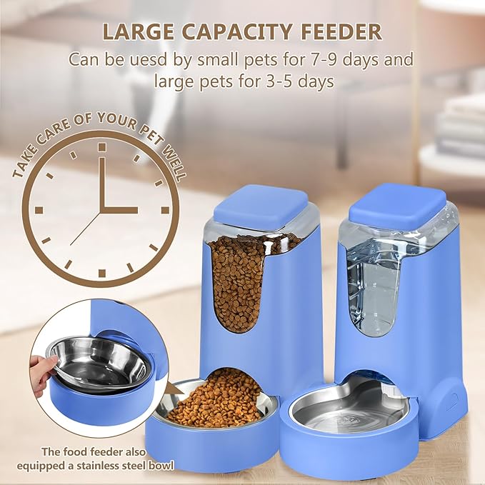 HWONMTE Portable Automatic Cat Feeder and Water Dispenser with Stainless Steel Bowl Dog Gravity Food Feeder and Waterer for Small Medium Pets Puppy Kitten 1 Gallon x 2 (Sapphire Blue)