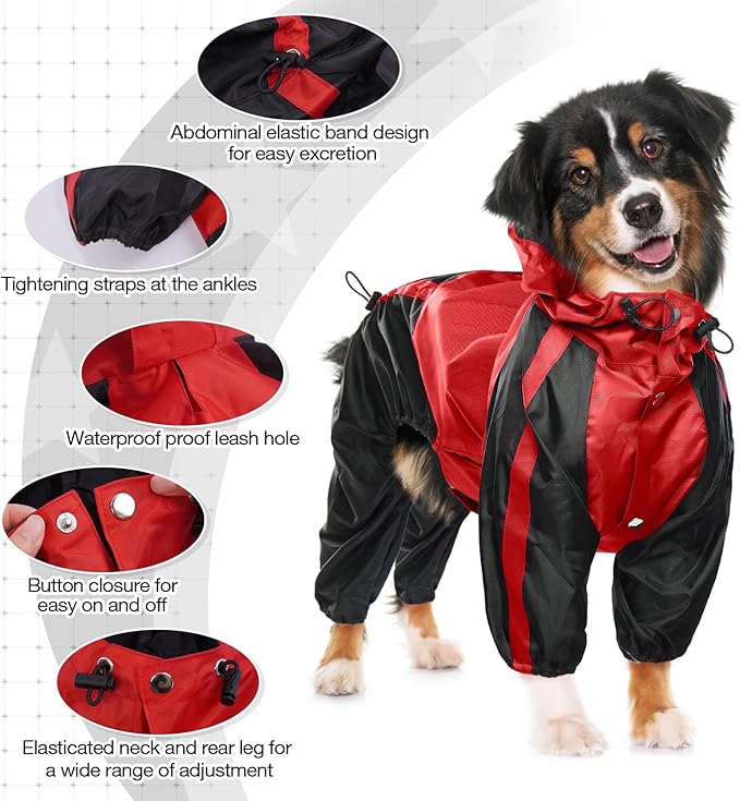 Dog Raincoat, Lightweight Rain Jacket, Adjustable 4-Legs Pet Poncho with Hood, Snow-Proof Dog Vest Rainwear, Rain Clothes Apparel with Leash Hole