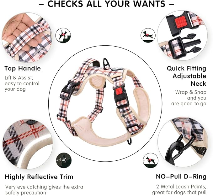 PoyPet Plaid Dog Harness, No Pull Front Clip Pet Vest Harness, Soft Padded Reflective Adjustable Walking Harness with Handle for Large Dogs(Checkered Beige,L)