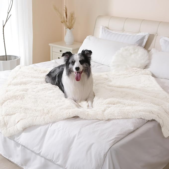gogobunny Waterproof Dog Blanket for Large Dogs, Cats, Puppy, Reversible Faux Fur Pet Throw Blanket, Washable, Calming Furniture Protection for Sofa Bed (60x80 Inch (Pack of 1), Cream)
