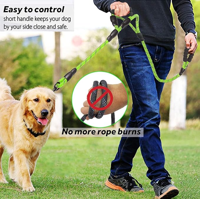 JSXD Heavy Duty Double Handle Dog Leash - 5 FT with Comfortable Padded and Reflective Rope for Small, Medium, Large Dogs (Rope-Green)