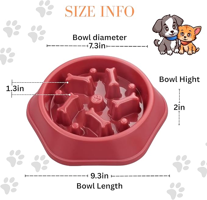 2PCS Slow Feeder Dog Food Bowl – Bowl Designed to Slow Eating, Promotes Healthy Digestion and Prevents Bloat, Ideal for Cats and Dogs (Red-Red)