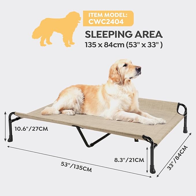 Veehoo Elevated Dog Bed, Raised Dog Cots for Large Dogs, Waterproof Outdoor Dogs Bed, Cooling Pet Hammock with Guardrail, Upgraded Non-Slip Feet, Breathable Teslin Mesh, Beige, 53 x 33 inches