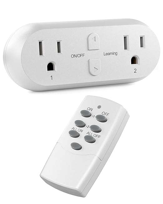 HBN Wireless Remote Control Outlet with 2 Individual Switch Control, Compact Design Sockets Plug Up to 100ft Remote Range, Battery Included, 15A/1875W, ETL Certified