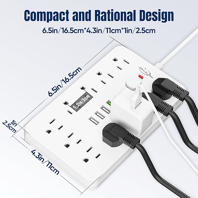 6 FT Flat Plug Surge Protector Power Strip,11 Multiple AC Outlets with 6 USB Ports (2 USB C), 6 Feet Extension Cord, 1250W/10A, One Touch Switch Button, 17 in 1 Compact powerstrip-White
