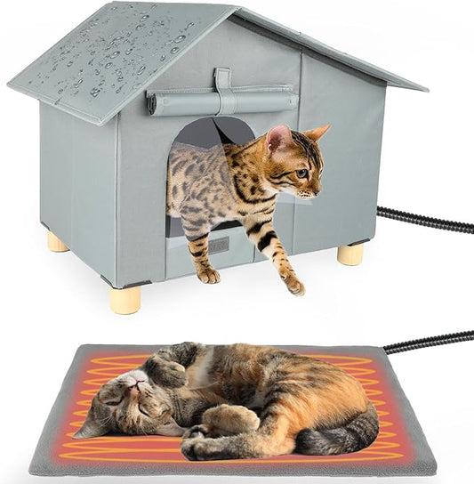 YUEPET Heated Outdoor Cat House for Winter, Elevated Weatherproof Cat House with Thermostatic Heating Pad for Outside, Warm Feral Cat Shelters for Outdoor Several Cats Stray Cats