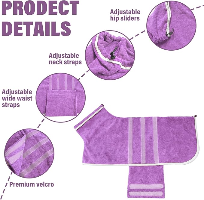 Dog Robe - Fast Drying Towel - Microfiber Super Absorbent Pet Bathrobe, Adjustable Collar & Belly Strap (Purple, Medium)