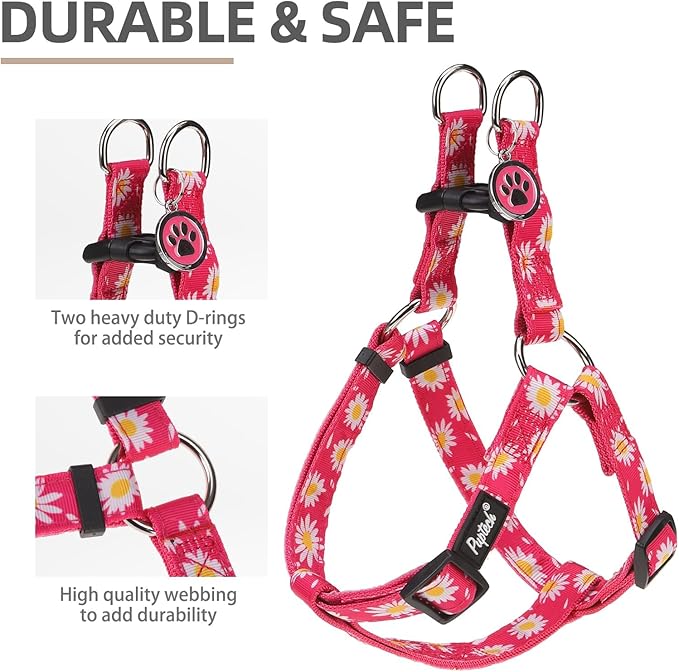 PUPTECK No Pull Dog Harness Soft Adjustable Basic Nylon Step in Puppy Vest Outdoor Walking with ID Tag, Fuchsia Daisy, L