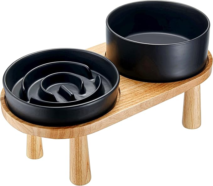 Ceramic Slow Feeder and Water Bowl Set for Small Dogs, 6.0inch Ceramic Dog Bowls Elevated with Wooden Stand, 0.6 Cups Dog Slow Feeder(14oz) and 30oz Water Bowl Set, Black