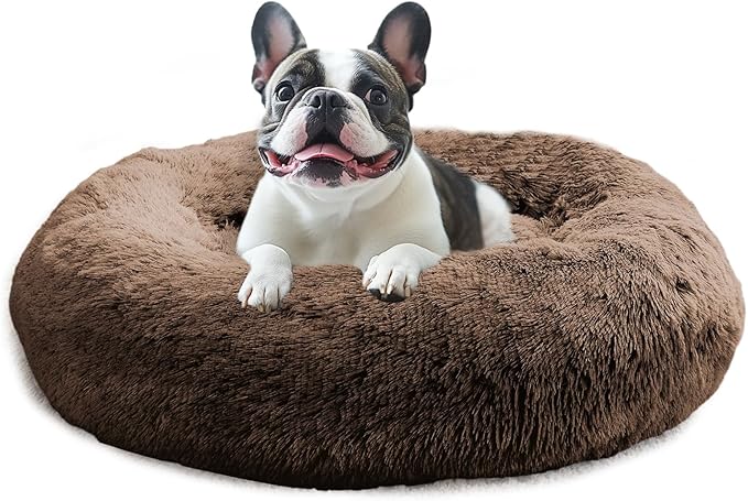 JOLLYVOGUE Calming Small Dog & Cat Bed for Indoor Cats - 20 inches Washable Donut Bed for Kittens & Puppies, Anti-Anxiety Round Fluffy Plush Pet Beds (Fits up to 15 lbs, Coffee)