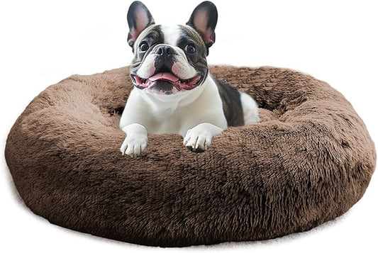 JOLLYVOGUE Calming Dog Bed for Small Dogs - 23 inches Donut Washable Small Dog Bed for Kittens & Puppies, Anti-Slip Round Fluffy Plush Faux Fur Cat Beds (Fits up to 25 lbs Pets, Coffee)