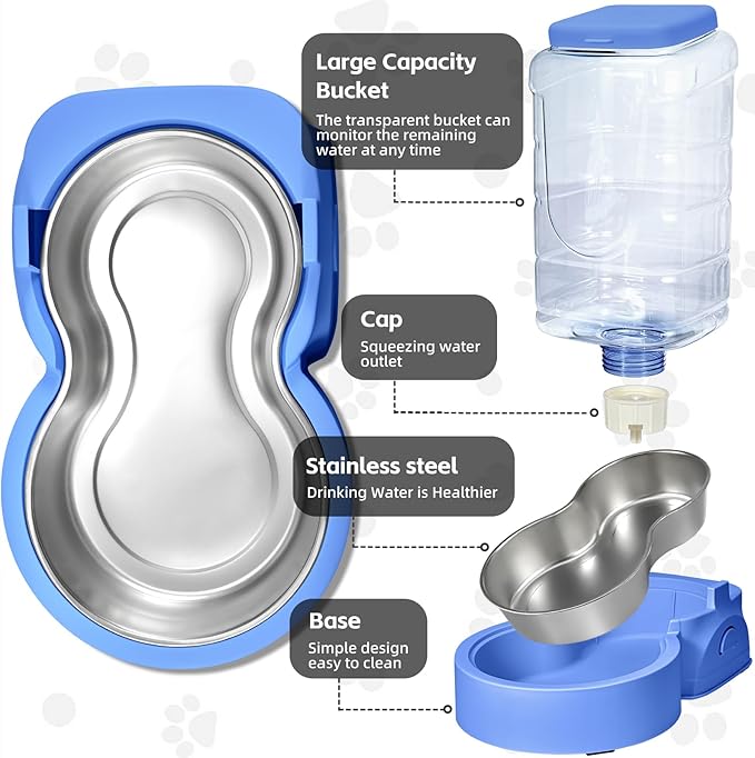 HWONMTE Portable Automatic Cat Feeder and Water Dispenser with Stainless Steel Bowl Dog Gravity Food Feeder and Waterer for Small Medium Pets Puppy Kitten 1 Gallon x 2 (Sapphire Blue)