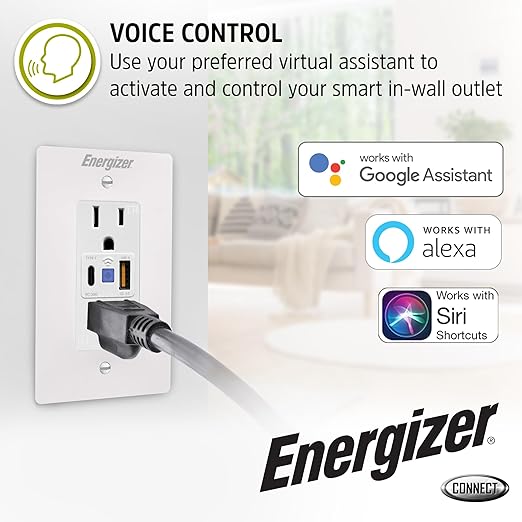 Energizer Smart Plug, in-Wall Smart Plug Wi-Fi Outlet Compatible with Siri, Alexa, & Google Home, 2 Individually Controlled Outlets & USB C and USB A Ports, Remote Control Hardwired Outlet, Hub-Free