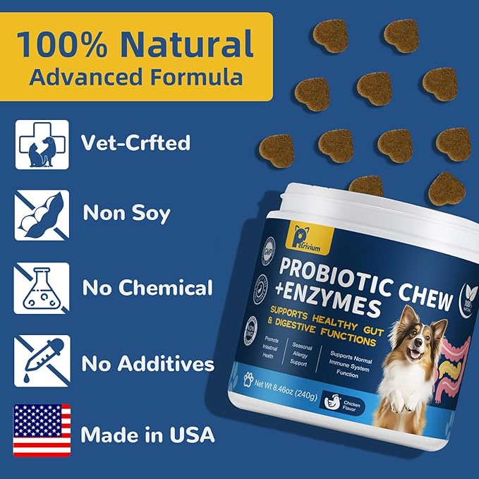 Probiotics for Dogs with Enzymes & Fiber Blend Supports Gut Health, Yeast Balance, Allergies, Itchy Skin, Boost Immune - Natural Probiotic Supplement for Digestive, Diarrhea, Gas, Constipation,120Ct