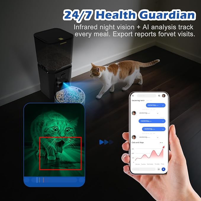 Automatic Cat & Dog Feeder with Camera, 6L Smart WiFi Pet Food Dispenser for Small Pets & Multi-Cat Homes - Timed Feeding, Battery Backup,1080P HD Night Vision, Two-Way Audio, Portion Control