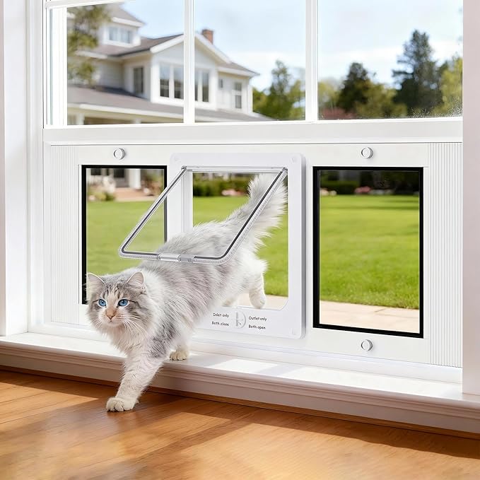 Aluminum Frame Cat Door for Window with Magnetic Auto Closure, Adjustable Width Quick-Fit Pet Door for Window Insert, Suitable for Most Medium Cats & Small Dogs (23''-28'')