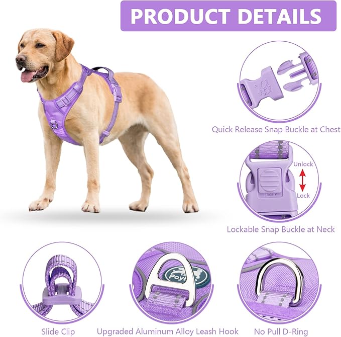 PoyPet No Pull Dog Harness, No Choke Reflective Dog Vest, Adjustable Pet Harnesses with Easy Control Padded Handle for Small Medium Large Dogs(Light Purple Matching Trim,M)