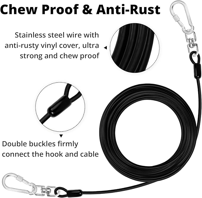 jenico Dog Tie Out Cable: 20ft Dog Lead for Yard - Heavy Duty Chain Leash Outside for Small Large Dogs Up to 500 lbs - Outdoor Runner Tether (Black)