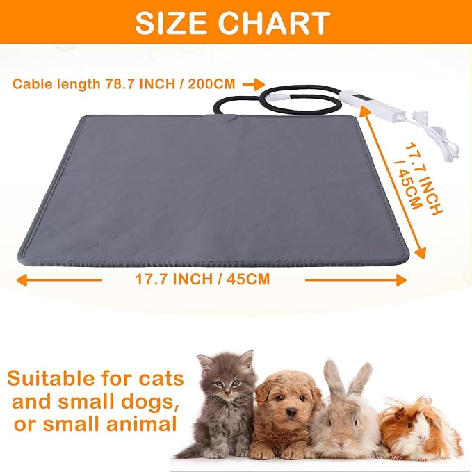 ELEGX Pet Heating Pad, 10 Adjustable Temperature Dog Cat Heating Pad, Waterproof Electric Heated Cat Bed with Smart Thermostat Switch & Chew Resistant Cord, Non-Slip Pet Heated Mat 17.7x17.7in