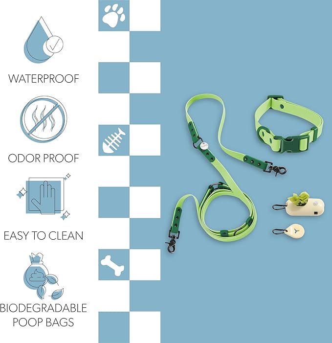 WLK1005B-5SET Luna Medium 8FT Adjustable 6-in-1 Waterproof Hands-Free Leash and Collar with LED Flashlight, Bag Dispenser, and Poop Bag Holder, Mojito