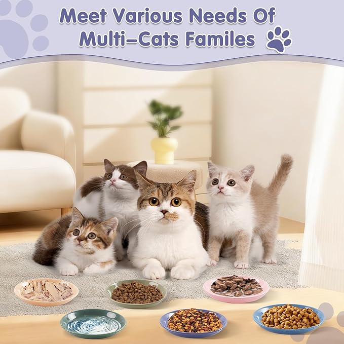 6 Pack Ceramic Cat Bowls, Cat Food Bowl, Anti Whisker Fatigue Cats Bowl Set, 6 Inches Shallow Wide Kitten Plates for Food and Water(Dark Color Set,6-Piece)