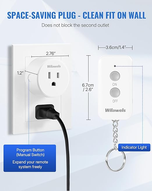 Remote Control Outlet Plug, WILAWELS Wireless Remote On Off Switch for Outlet, Remote Light Switch for Lamp, Light, Programmable, 100ft RF Range, 15A/1875W, Battery Included, FCC Listed W11RC1106